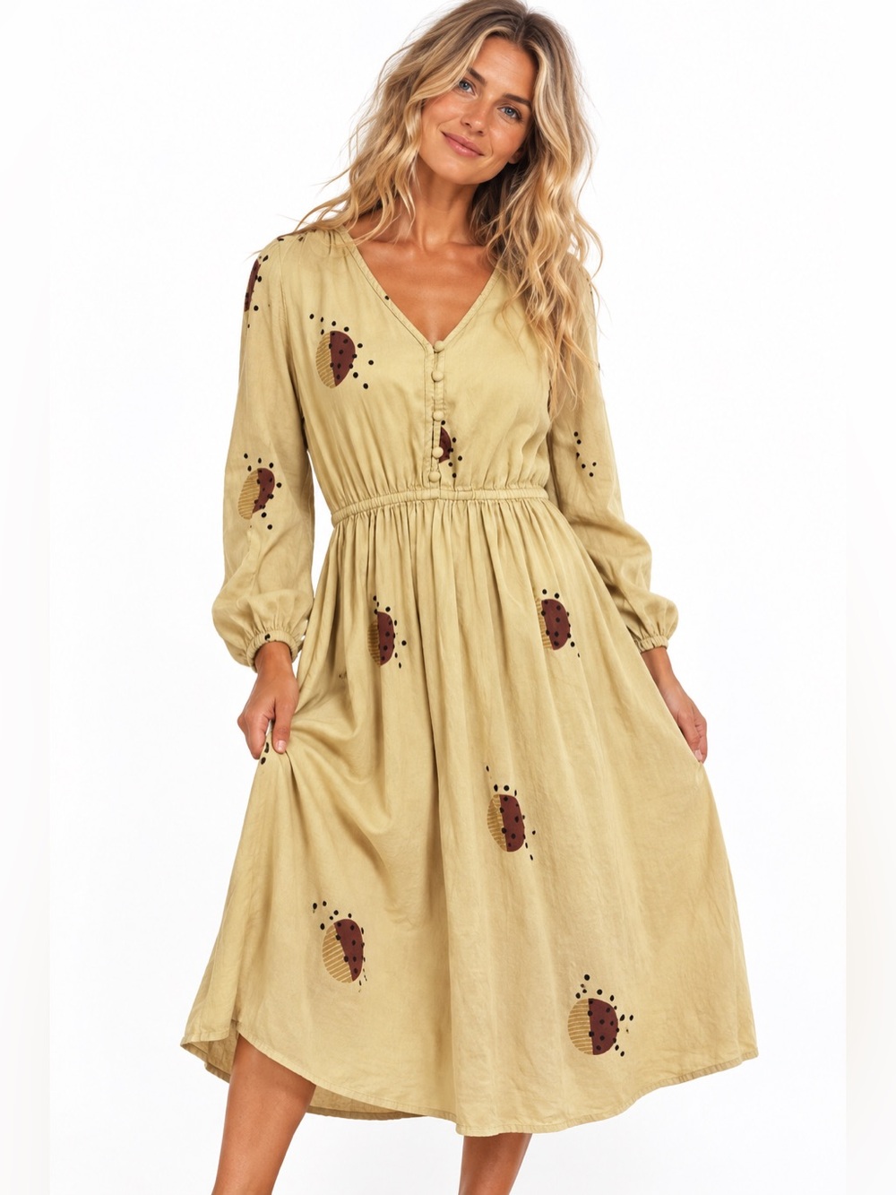 Mata Traders 100% Cotton Abstract Print Midi Dress Beige Tan Boho Long Sleeve